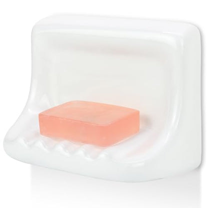 Shower Wall Soap Holder & Ceramic Soap Dish - Fits 4x4 Inch & Any Tile Walls, Heavy-Duty Flat-Back Design with Drainage Slope, No-Slip, Classic White