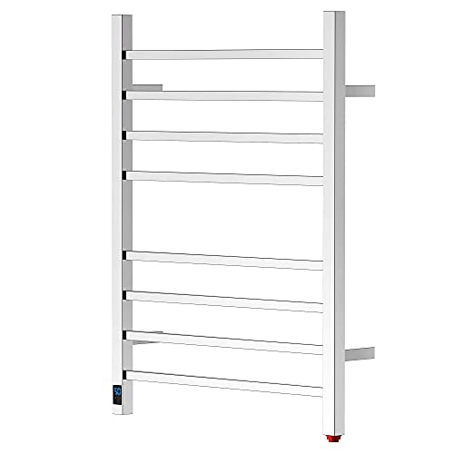 HEATGENE Towel Warmer with Timer and Temperature Control, Electric Towel Warmer with 8 Square Bars, Wall-Mounted Electric Towel Rack with 8 Square Bars, Plug-in/Hardwired Towel Rails - Mirror Polish - color: Mirror Polish