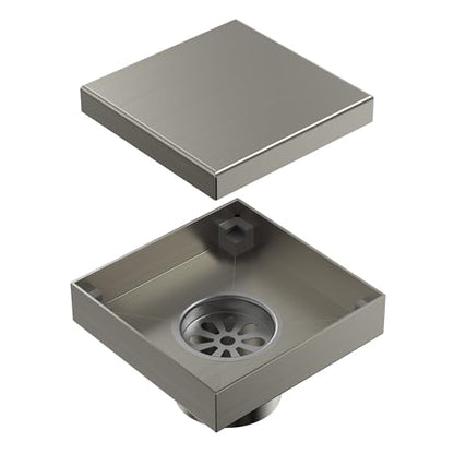 4 Inch Square Shower Floor Drain, SUS304 Stainless Steel with X-Shaped High Flow Channel, Anti-Clogging Hair Strainer, No Hub Required, Brushed Nickel - color: Brushed Nickel, size: 4