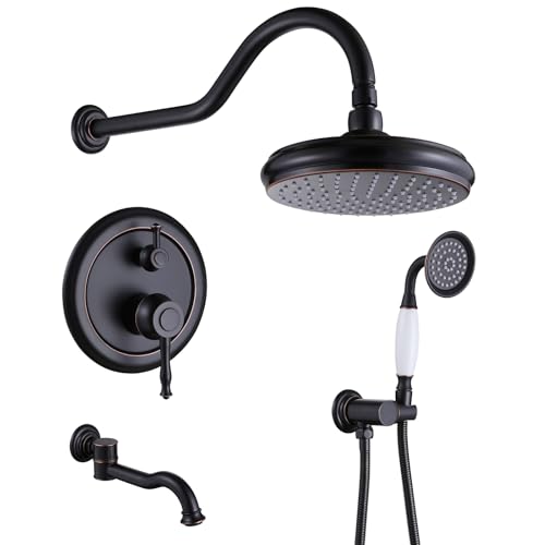 Rainfall Shower System with Handheld Sprayer,Oil Rubbed Bronze Antique Shower Faucet Sets,Shower Fixture Combo with Brass Pressure Balance Valve,Complete Shower Kit with Foldable Tub Spout - color: Oil Rubbed Bronze