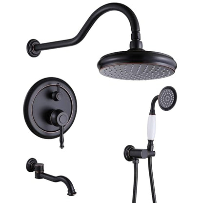 Rainfall Shower System with Handheld Sprayer,Oil Rubbed Bronze Antique Shower Faucet Sets,Shower Fixture Combo with Brass Pressure Balance Valve,Complete Shower Kit with Foldable Tub Spout - color: Oil Rubbed Bronze