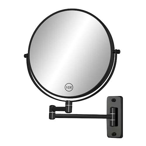 8" Wall Mounted Magnifying Makeup Mirror, 1X/10X Double-Sided Shaving Mirror with 360° Swivel & Extendable Arm for Bathroom Vanity, Black - No Light - color: Black, size: 12.5"L x 17"W