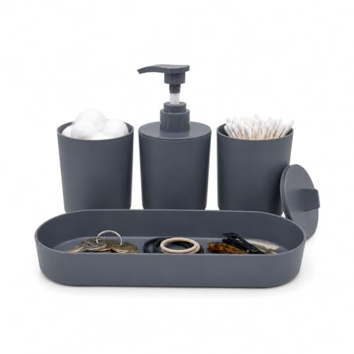 LGURT Dark Gray Bath Accessories — 4-Pc Dispenser, Cup, Tumbler & Tray | Plastic, Lotion Dispenser, Vanity Tray (7.87"×2.56"), Modern Decor, Gift - color: Dark Gray