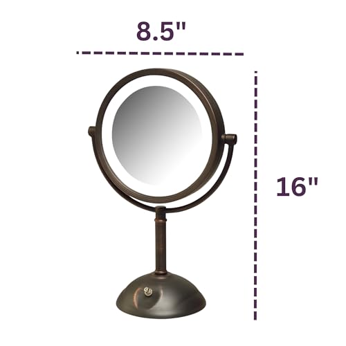 JERDON Lighted Makeup Mirror with 8X Magnification - Bronze - HL8808BZL | Two-Sided 1X View, 8.5" Round Frame, 16" Tall, LED Lighting - color: Bronze