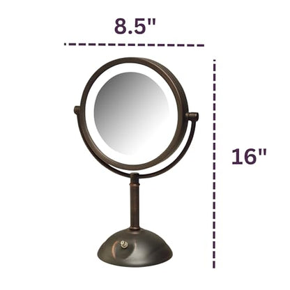 JERDON Lighted Makeup Mirror with 8X Magnification - Bronze - HL8808BZL | Two-Sided 1X View, 8.5" Round Frame, 16" Tall, LED Lighting - color: Bronze