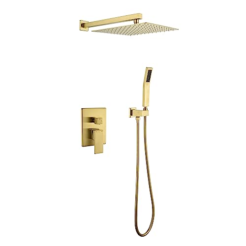 WELLFOR Brushed Gold 12" Wall Mounted Shower Faucet Set Single Handles, Dual Head Shower Faucet System with 2-way Diverter, Shower System with Handheld Spray, Rough in Valve, Hot Cold Water - color: Gold, style: Wall Mount 12-Inch