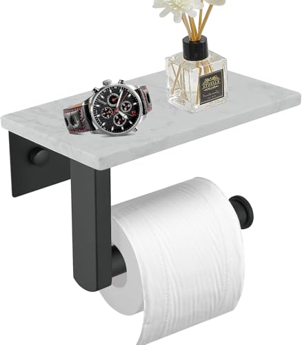 BWE Matte Black Toilet Paper Holder with Marble Shelf Wall Mounted | Toilet Paper Roll Holder with Phone Shelf 304 Stainless Steel Tissue Holder for Bathroom Washroom,Saving Space - color: Black