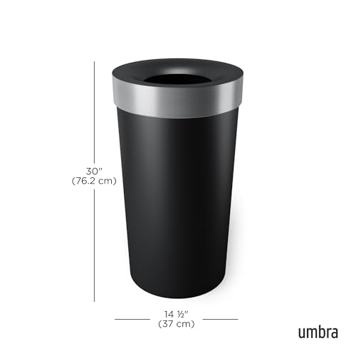 Umbra Vento Kitchen Trash Can, Open Top Bin, 16.5 Gallon, Black/Nickel | Brushed metal accents, bag concealing design, easy wipe clean, fits home and office, durable plastic - color: Black/Nickel