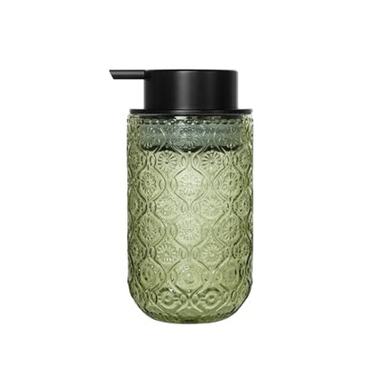 13.5 oz Glass Soap Dispenser, Luxurious Floral Embossed Glass Bathroom Countertop Foaming Pump for Kitchen Vanity (Green) - color: Green
