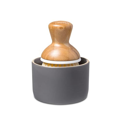 Full Circle Bubble Up Ceramic Soap Gray Ergonomic Bamboo Handle, Dish Brush + Dispenser, Grey/White
