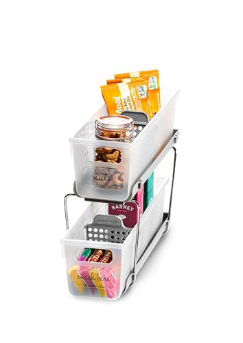 madesmart Mini 2-Tier Organizer, Multi-Purpose Slide-Out Storage with Handles and Dividers for Home and Bath, Frost | pull out bins, adjustable dividers, tiered access, cleaning supplies, under sink use, pantry bottles, woman owned - color: Grey