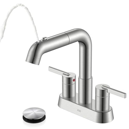 Brushed Nickel Pull Down Centerset Bathroom Faucet 2 Handle 3 Hole | Pull Out Bathroom Faucet with Pop Up Drain & Supply Lines, Lead-Free cUPC & NSF Certified, 4 Inch Faucet for Vanity RV Sink - color: Brushed Nickel
