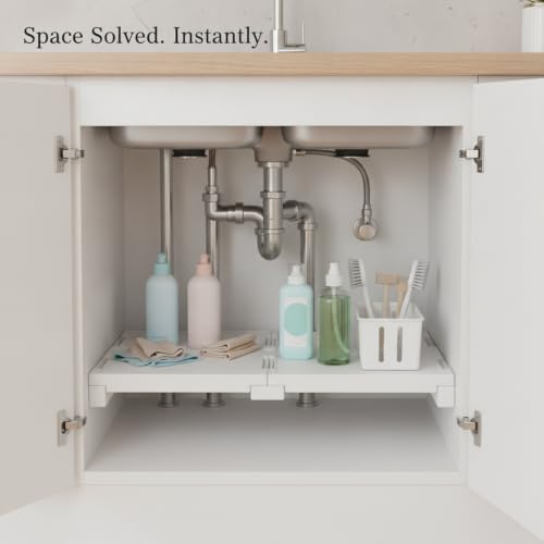Adjustable Telescopic Tension Shelf for Under Sink Storage, No-Drill PP Plastic Cabinet Organizer Rack, White (1 Pack) - size: 14.57 x 9.84 x 3.15 in