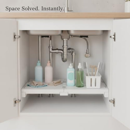 Adjustable Telescopic Tension Shelf for Under Sink Storage, No-Drill PP Plastic Cabinet Organizer Rack, White (1 Pack) - size: 14.57 x 9.84 x 3.15 in