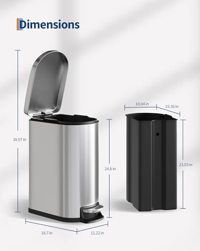 Garvee 13 gal / 50 L Stainless Steel Kitchen Trash Can with Lid, Slim Rustproof Garbage Can, Large Step-on Metal Trash Bin with Inner Bucket, Rear Handle, Soft Close Lid, Silver - color: Silver, size: 13.2 Gallons