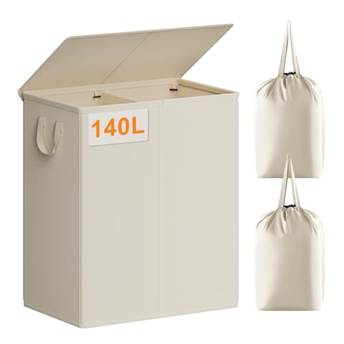 Chrislley Double Laundry Hamper with Lid, 140L Laundry Basket 2 Section | Large Dirty Clothes Hamper 2 Compartments with Removable Liner Bags & Handles, Collapsible Storage for Bedroom, Doom, Beige - color: Beige, size: 140l(24.0"l X 14.2"w X 25.2"h)