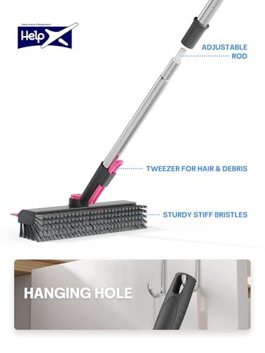 3 in 1 Floor Scrub Brush with Long Handle, Deck Brush with Squeegee | Stiff Dual-side Bristle, 360° Swivel Head with Tweezer, for Tile Wall Deck Bathroom Patio Garage Pool Kitchen (Pink and Gray) - color: Pink and Grey