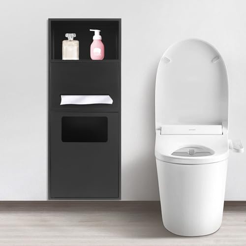 in-Wall Trash Bin Cabinet, Stainless Steel Recessed Toilet Paper Holder, 27.5in Tall Built-in Hidden Trash Can for Kitchen Bathroom Living Room Bedroom Hotel - color: Black
