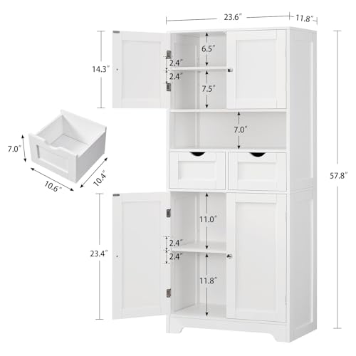 Iwell Tall Storage Cabinet with Adjustable Shelf & 2 Drawers, Kitchen Pantry Cabinet, Pantry Cabinets with 4 Doors, Tall Cabinets for Living Room, Kitchen, Bathroom, White - color: White-4 Shelves