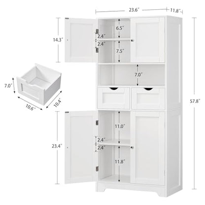 Iwell Tall Storage Cabinet with Adjustable Shelf & 2 Drawers, Kitchen Pantry Cabinet, Pantry Cabinets with 4 Doors, Tall Cabinets for Living Room, Kitchen, Bathroom, White - color: White-4 Shelves
