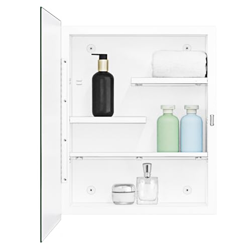 White Metal Medicine Cabinet, 16 x 20 Beveled Mirror, Surface Mount Storage | Beveled Mirror Bathroom Cabinet with Adjustable Staggered Shelves, Piano Hinge, Left/Right Swing & Matte White Powder Coating - color: White, size: 16 x 20