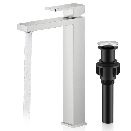 Brushed Nickel Vessel Sink Faucet, 1 Handle Tall Bathroom Sink Faucet | Vessel Bowl Faucet with Pop Up Drain & Supply Lines, Lead-Free cUPC & NSF Certified, 1 Hole Faucet for Vanity RV Restroom - color: Brushed Nickel, size: Tall