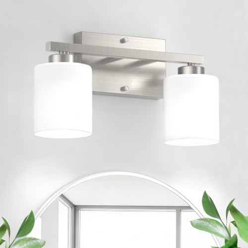 Honesorn Bathroom Vanity Light, 2 Light, Brushed Nickel, Frosted Shades | Bathroom Light Fixtures Over Mirror, Modern Bathroom Lights ,Wall Sconces, Anti-Rust, E26 Socket (Bulbs Not Included) - color: Brushed Nickel, size: 2-Light