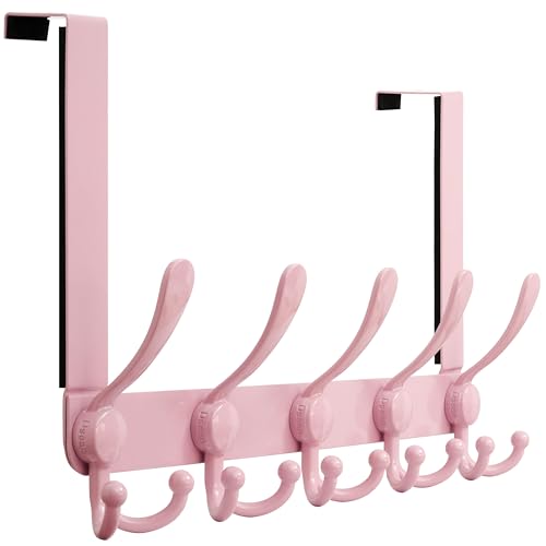 Over Door Hook 2.0 - Upgraded Version - Simple-Assembly, Strong, Heavy-Duty Stainless Steel 5-Tri-Hook Over The Door Hanger Rack, SimpleStrong Series, Pink - color: Pink
