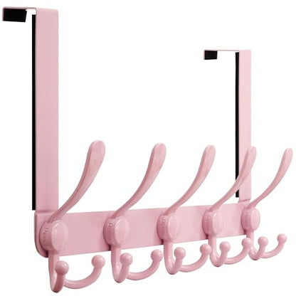 Over Door Hook 2.0 - Upgraded Version - Simple-Assembly, Strong, Heavy-Duty Stainless Steel 5-Tri-Hook Over The Door Hanger Rack, SimpleStrong Series, Pink - color: Pink