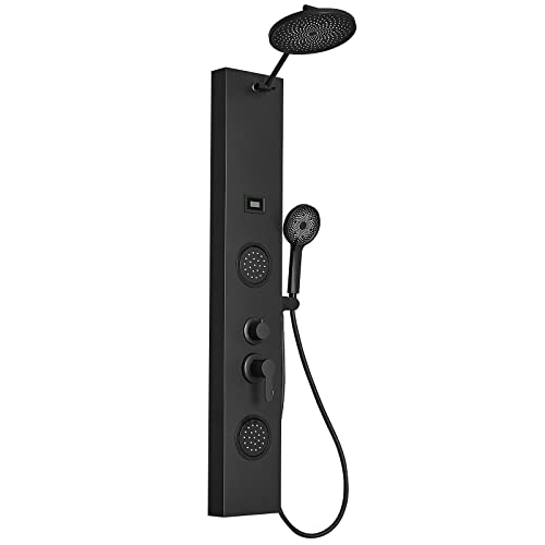 Shower Panel Shower Tower System, 9 Inch Rainfall Shower Head Round, Stainless Steel with Massage Body Jets Adjustable, Temperature Display, Stand Shower Column Wall Mount, Black