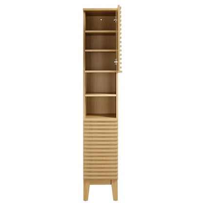 Modway Render Tall Narrow Bathroom Storage Tower in Oak - 63” Freestanding Linen Cabinet with Open Shelves and 2 Soft-Close Doors - Slim Towel and Makeup Organizer