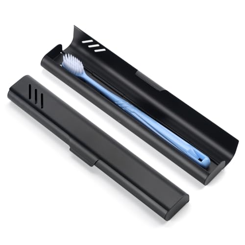 Travel Toothbrush Case, Portable Toothbrush Holder, Durable Aluminum Toothbrush Storage Box, Small Breathable Manual Toothbrush Container for Traveling, School, Camping, Business Trip - Black - color: Black