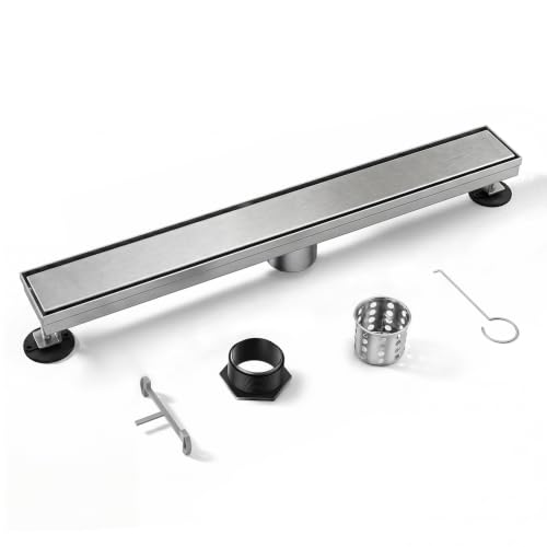 Linear Shower Drain, 304 Stainless Steel with Adjustable Leveling Feet, Hair Strainer,Reversely Install Place to Create an Invisible Floor Drain - Silver -32-Inch - color: Silver, size: 32inch