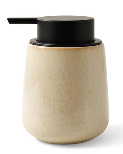 BosilunLife Ceramic Soap Dispenser - Dish Soap Dispenser for Bathroom 12Oz | Refillable Liquid Hand Wash Dispenser for Essential Oil, Lotion Soap, Greige with Speckle - color: Greige