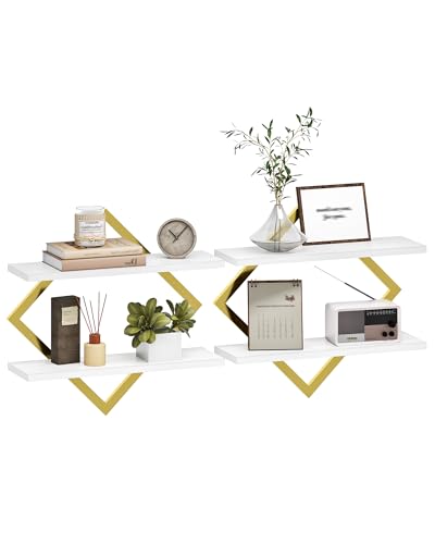 CHOEZON Floating Shelves for Wall, Set of 2 Wall Mounted Shelves, 2-Tier Hanging Shelves, for Living Room, Bedroom, Kitchen, Office, Study, Gold and White TBJ01P2JW - color: White + Gold