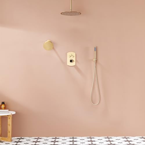 MONDAWE 12 Inch Ceiling Mounted Brushed Gold Shower System, 3-Functions Shower Faucet Set with Rainfall Dual Shower Head and High Pressure Handheld Spray, All Function Can be Used At the Same Time - color: Brushed Gold