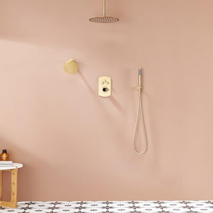 MONDAWE 12 Inch Ceiling Mounted Brushed Gold Shower System, 3-Functions Shower Faucet Set with Rainfall Dual Shower Head and High Pressure Handheld Spray, All Function Can be Used At the Same Time - color: Brushed Gold