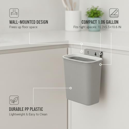Wall-Mounted Trash Can, Compact 1.06 Gallon Waste Bin for Kitchen Cabinet or Bathroom, Space-Saving PP Plastic Disposal Unit (1 PC) - color: Gray