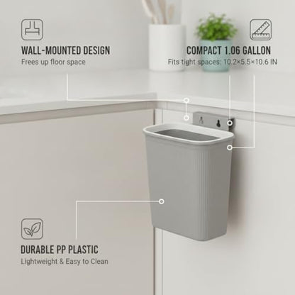 Wall-Mounted Trash Can, Compact 1.06 Gallon Waste Bin for Kitchen Cabinet or Bathroom, Space-Saving PP Plastic Disposal Unit (1 PC) - color: Gray