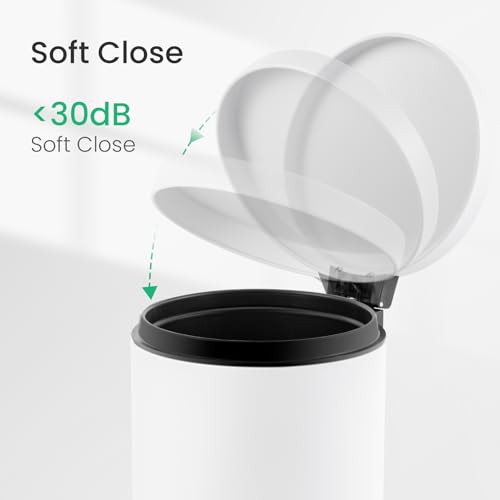 Cesun Small Round Bathroom Trash Can with Lid Soft Close, 1.2 Gal, White | Removable Inner Bucket, Stainless Steel Garbage Can for Bedroom/Office, Hands-Free Step Pedal, Fingerprint-Resistant - color: White