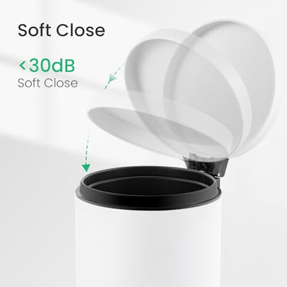 Cesun Small Round Bathroom Trash Can with Lid Soft Close, 1.2 Gal, White | Removable Inner Bucket, Stainless Steel Garbage Can for Bedroom/Office, Hands-Free Step Pedal, Fingerprint-Resistant - color: White