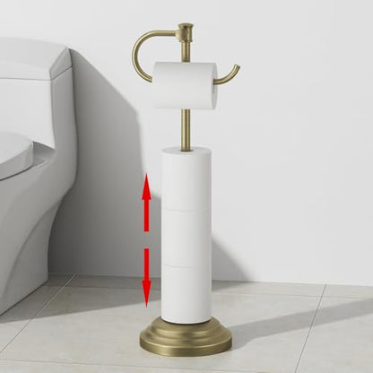RUMOSE Toilet Paper Holder Stand for Floor Free Standing, Antique Brass | Bathroom Freestanding Toilet Tissue Roll Holder with Storage, Adjustable 17-25 Inch, Rustproof, SUS304 Stainless Steel - color: Antique Brass