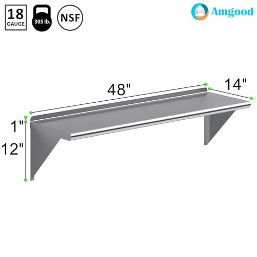 AmGood 48" Long X 14" Deep Stainless Steel Wall Shelf | NSF Certified | Appliance & Equipment Metal Shelving | Kitchen, Restaurant, Garage, Laundry, Utility Room - size: 48" Long X 14" Deep