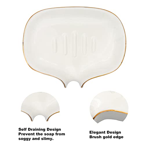 White Soap Dish Ceramic Self Draining Soap Dish Waterfall Slot Gold Edge Bathroom Accessories for Bathroom, Kitchen,Bar Counter - color: White