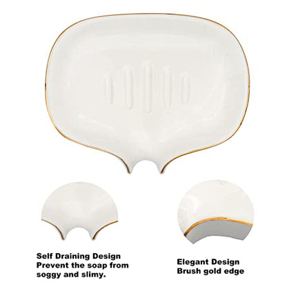 White Soap Dish Ceramic Self Draining Soap Dish Waterfall Slot Gold Edge Bathroom Accessories for Bathroom, Kitchen,Bar Counter - color: White