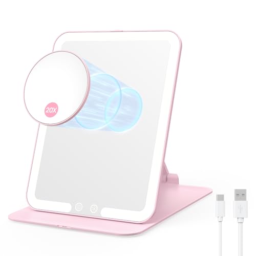Foldable Travel Makeup Mirror with Lights, 20X Magnification, Pink | Rechargeable LED Vanity Mirror, Height & Angle Adjustable, 3-Colors Lighting, Smart Auto Sensor, Portable Tabletop Mirror - color: Pink