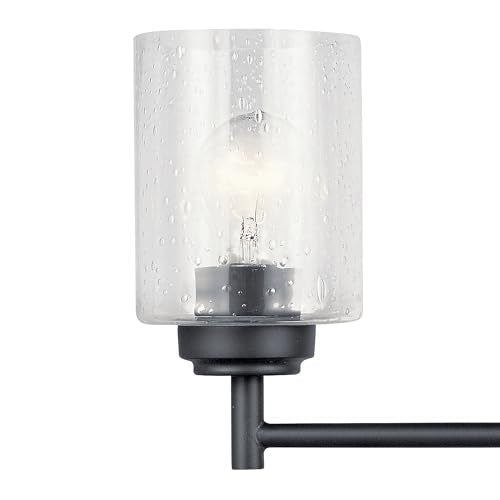 Kichler Winslow 4-Light Farmhouse Vanity Light, Black | Clear seeded glass vanity light with industrial styling (30" x 9.25" x 6.5"), 45887BK - color: Black, size: 30"