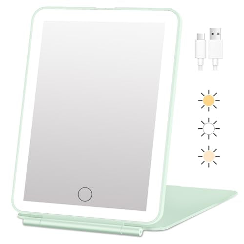 FUNTOUCH Rechargeable Travel Makeup Mirror with Lights Portable | 72 Led Lighted Makeup Mirror, 3 Color Lighting, Dimmable Touch Screen, Type C, Tabletop LED Folding Cosmetic Vanity Mirror - color: Cyan