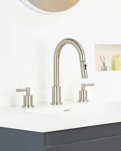 Widespread Bathroom Faucet 3 Hole, Bathroom Faucet with Pull Down Sprayer | Lead-Free, 8 Inch Bathroom Sink Faucet, Stainless Steel Vanity Faucet 3 Hole, Brushed Nickel Faucet for Bathroom Sink - color: Brushed Nickel, size: 8 Inch