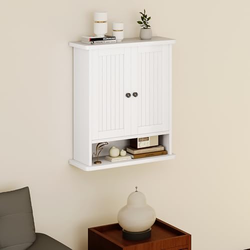 Homeiju Wooden Farmhouse Style Rustic Medicine Cabinet with Two Barn Doors, Wooden Wall Mounted Storage Cabinet with Open and Hidden Storage Space, for Bathroom, Living Room, Kitchen, White - size: 23.6'' H
